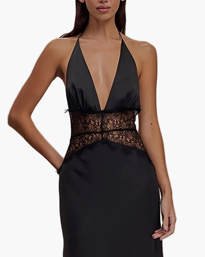 Damen Abendkleid Elegant mit Spitzen-Detail und Tiefem V-Ausschnitt – Perfekt für Besondere Anlässe