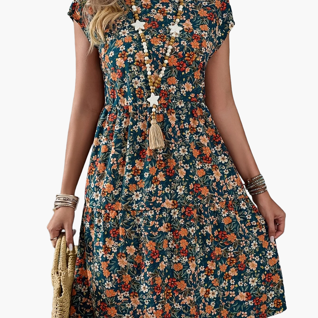 Damen Freizeitkleid mit Blumenmuster im Boho-Stil – Sommerkleid mit Kurzarm für Urlaub und Alltag
