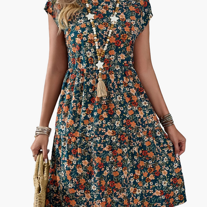 Damen Freizeitkleid mit Blumenmuster im Boho-Stil – Sommerkleid mit Kurzarm für Urlaub und Alltag
