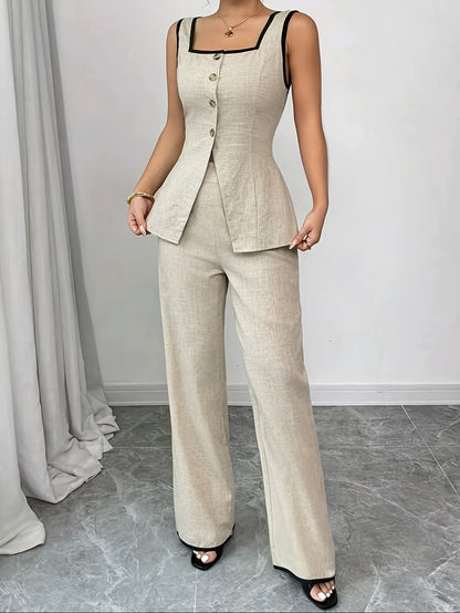 Damen Eleganter Business Zweiteiler Anzug mit Knopfleiste – Blusentop und Weite Hose für Büro & Alltag