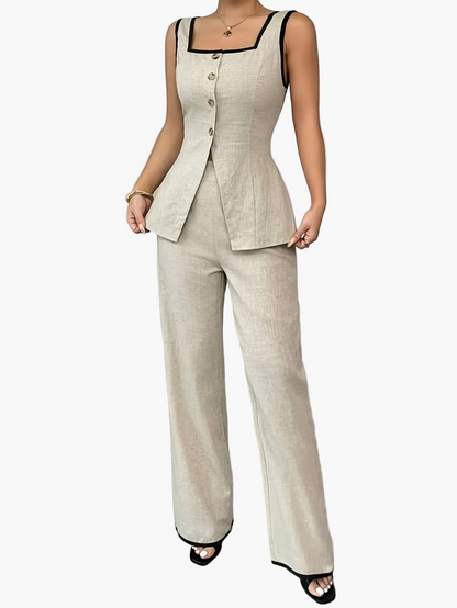 Damen Eleganter Business Zweiteiler Anzug mit Knopfleiste – Blusentop und Weite Hose für Büro & Alltag