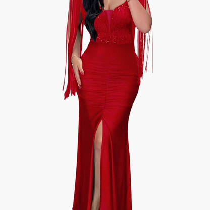 Damen Abendkleid Elegant mit Fransenärmeln und hohem Schlitz – Perfekt für festliche Anlässe