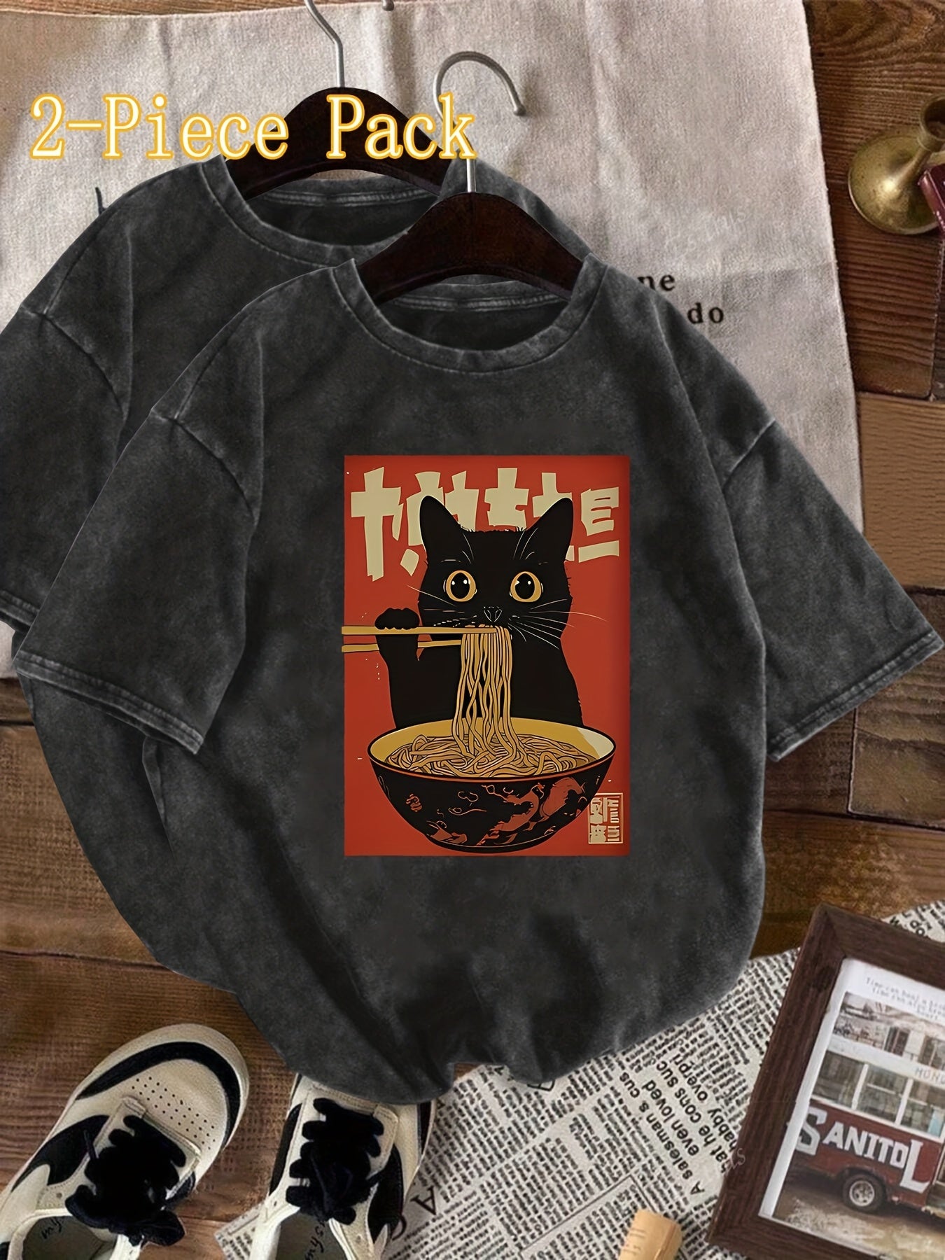 Damen Vintage T-Shirt mit Katzen- und Ramen-Print – Lustiges Streetwear Shirt für Alltag & Freizeit