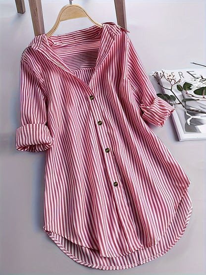 Damen Longbluse mit Streifenmuster und Knopfleiste – Modisches Hemd für Business und Freizeit