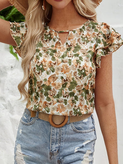 Damen Sommerbluse mit Blumenmuster und Rüschenärmeln – Elegante Freizeitmode