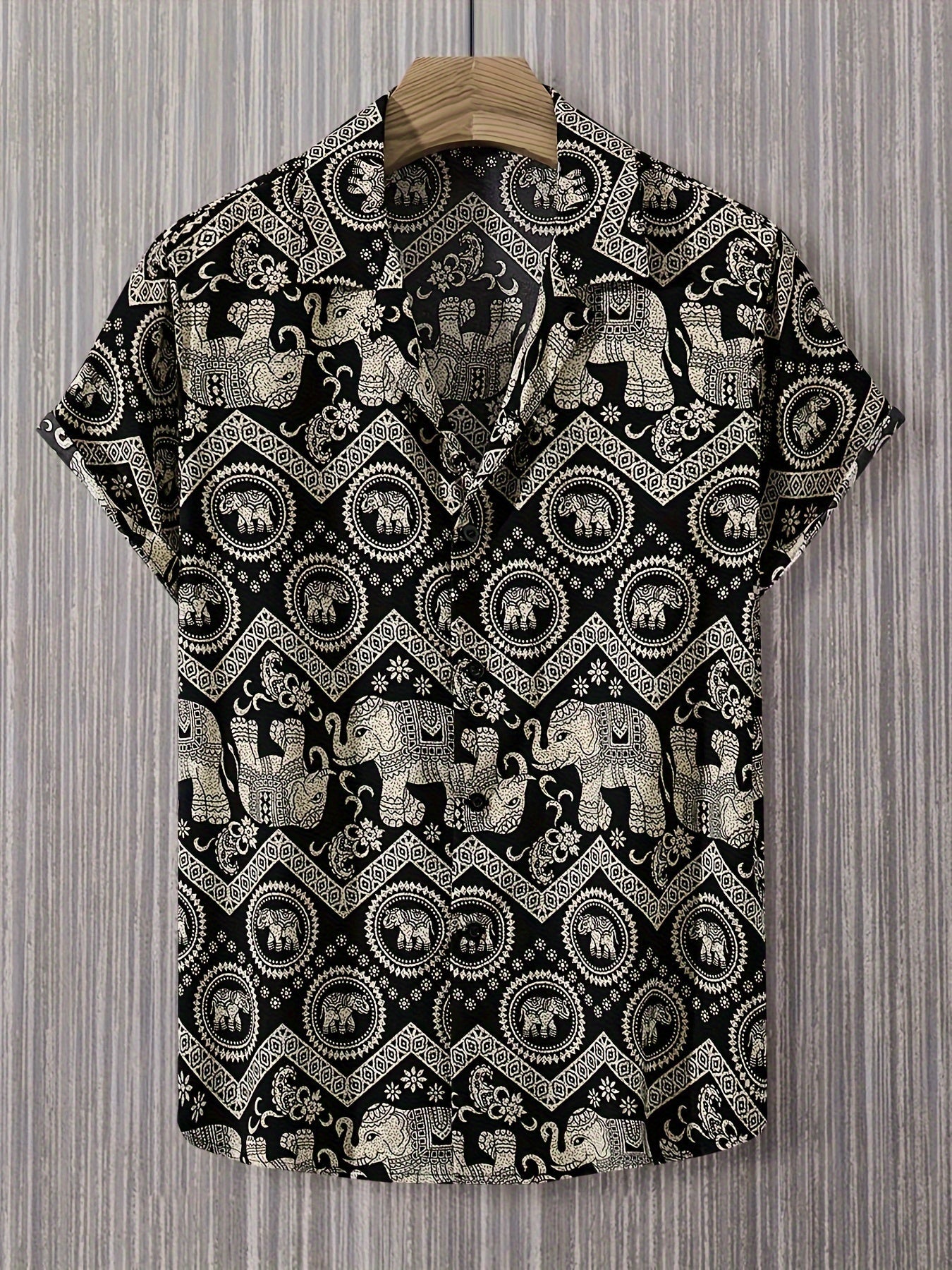 Herren Resort Hemd mit Elefanten- und Mandala-Muster, Kurzarm, Freizeit Stil