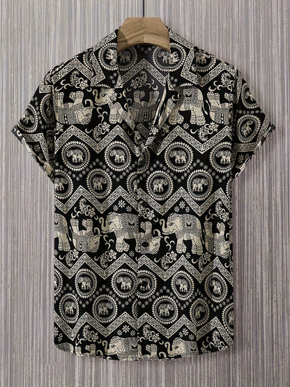 Herren Resort Hemd mit Elefanten- und Mandala-Muster, Kurzarm, Freizeit Stil
