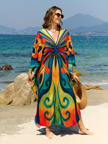 Damen Kaftan Maxi Strandkleid mit Schmetterlings-Print – Boho Urlaubs-Outfit