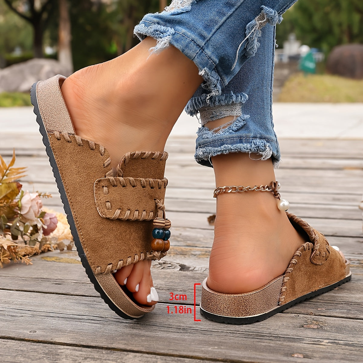 Damen Boho Slide Sandalen mit Perlendetails – Bequeme Sommerschuhe für Freizeit & Urlaub