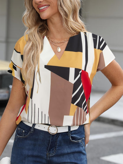 Damen Vintage Bluse mit geometrischem Muster und V-Ausschnitt – Modisches Büro & Freizeitshirt