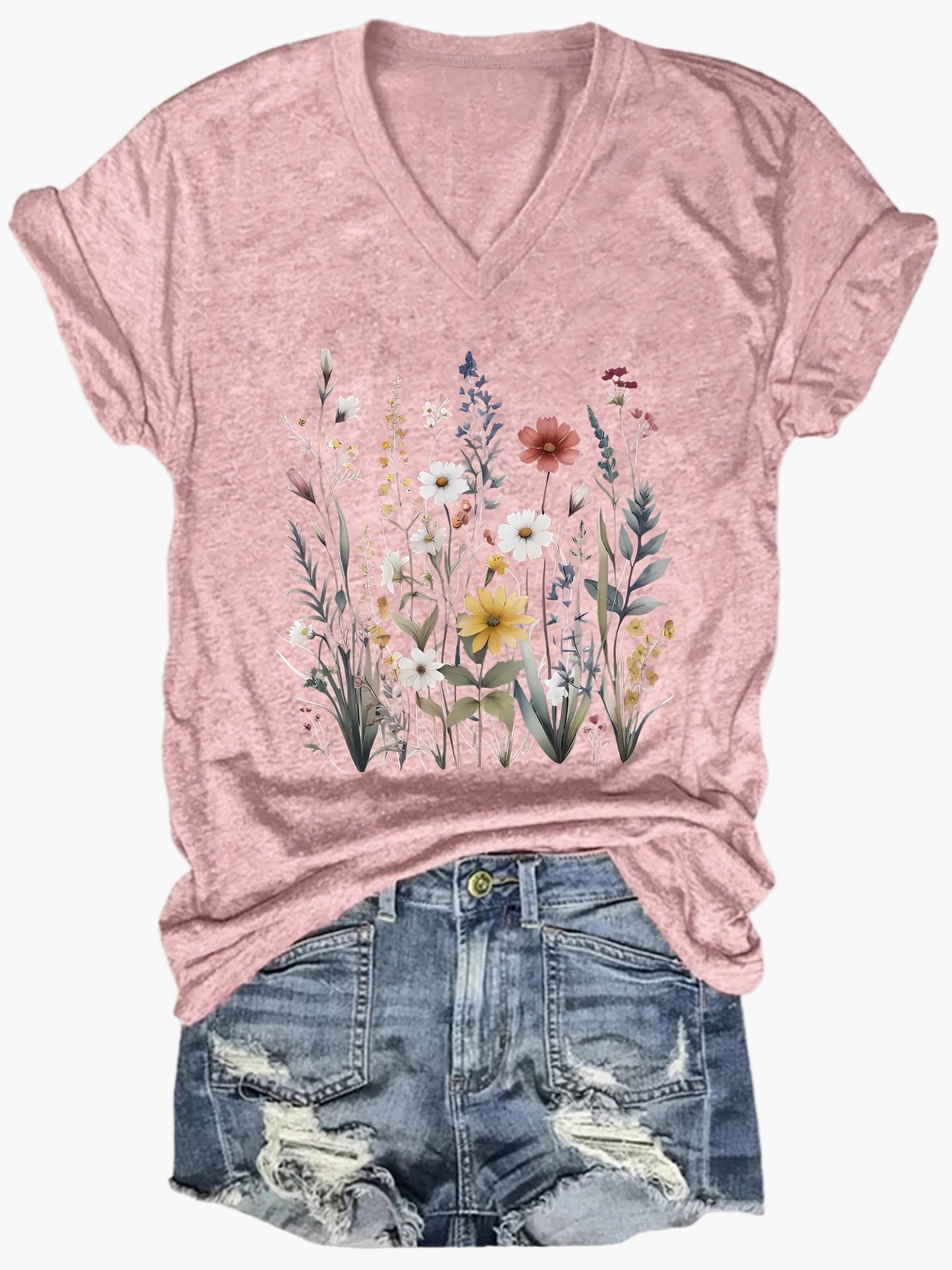 Damen V-Ausschnitt T-Shirt mit Wildblumen-Print, lässig, perfekt für Sommer und Freizeit
