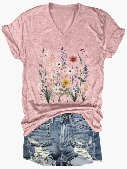 Damen V-Ausschnitt T-Shirt mit Wildblumen-Print, lässig, perfekt für Sommer und Freizeit