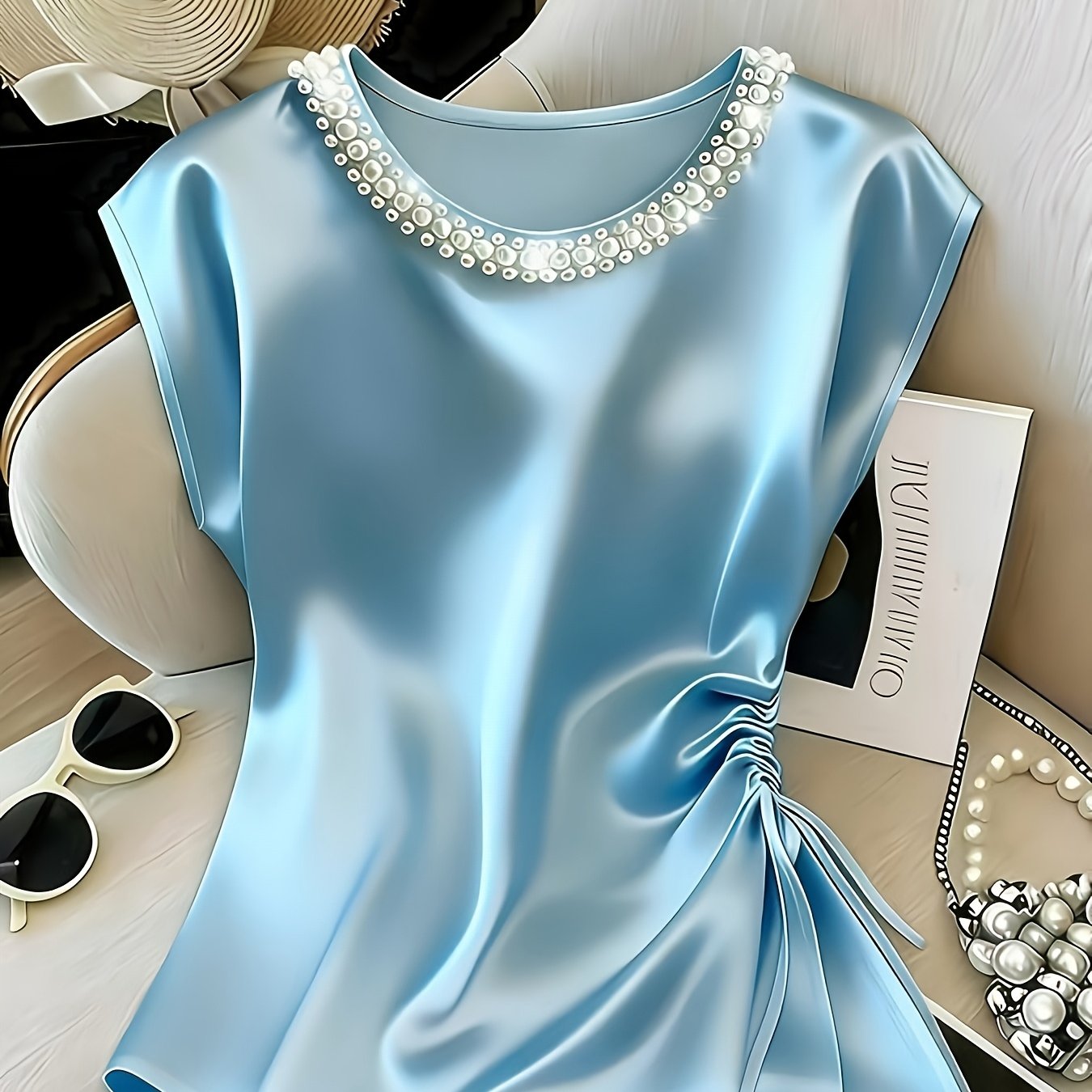 Damen Elegante Satinbluse mit Perlenkragen und Raffdetails – Stilvolle Kurzarm-Bluse für festliche Anlässe
