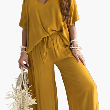 Damen Eleganter Einteiler Jumpsuit mit Weitem Bein und V-Ausschnitt – Modisch für Alltag und Freizeit