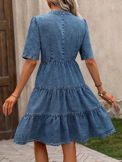 Damen Jeanskleid mit Knopfleiste und V-Ausschnitt – Eleganter Sommer Freizeit-Look