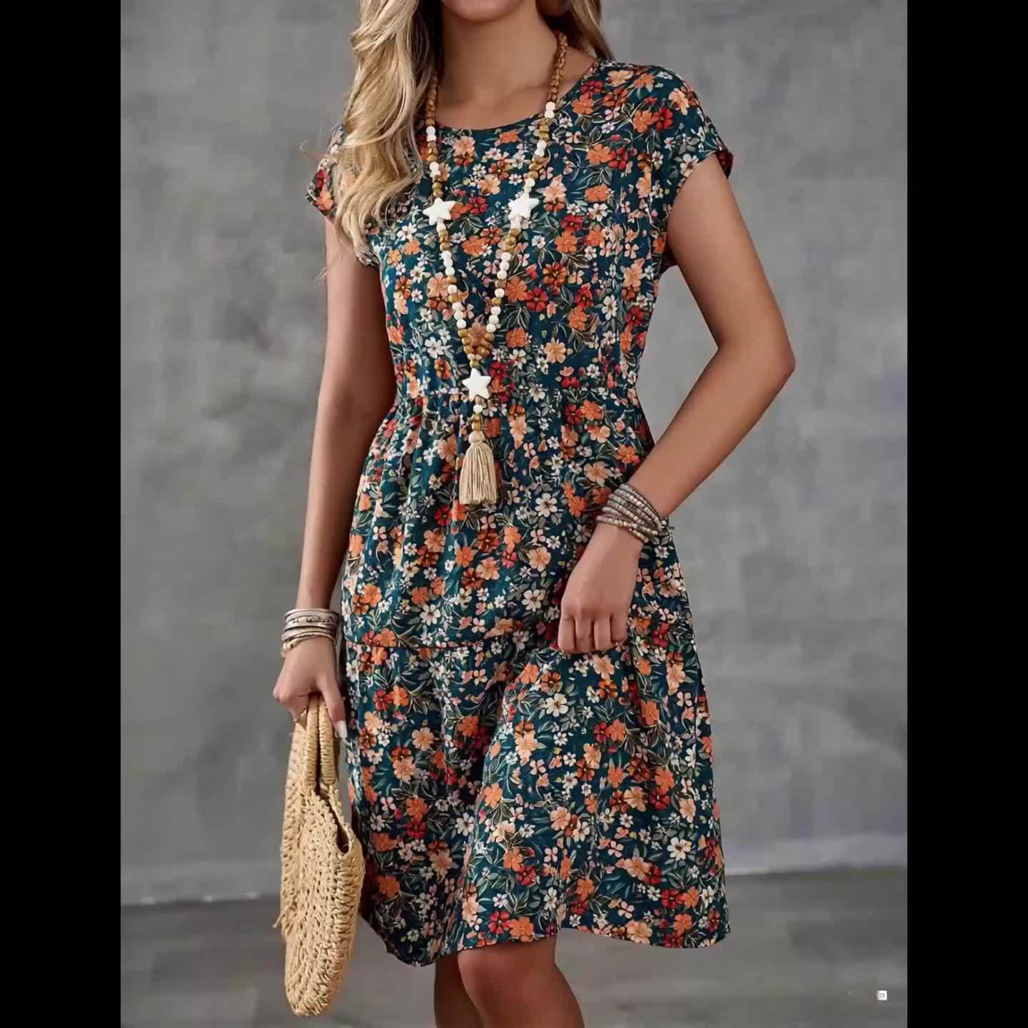 Damen Freizeitkleid mit Blumenmuster im Boho-Stil – Sommerkleid mit Kurzarm für Urlaub und Alltag