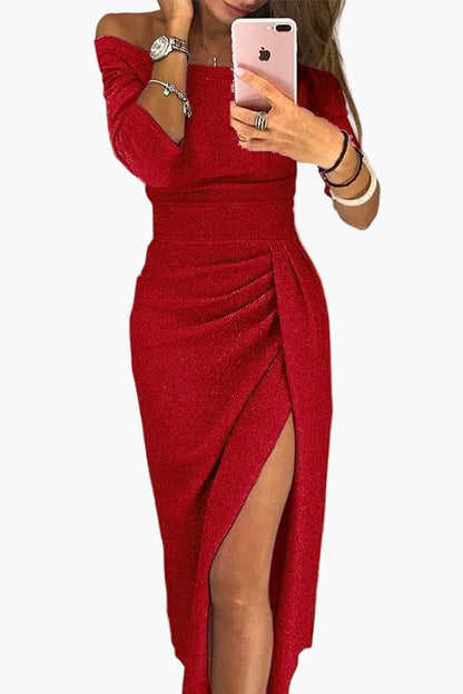 Damen Off-Shoulder Abendkleid Elegant Partykleid mit Schlitz – Perfekt für besondere Anlässe