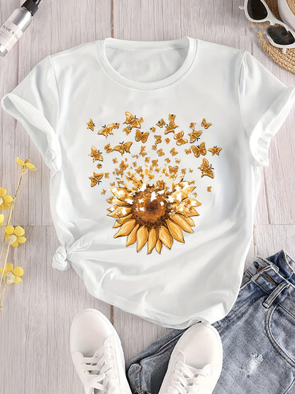 Damen T-Shirt mit Sonnenblume und Schmetterlings-Print – Sommerliches Casual Oberteil