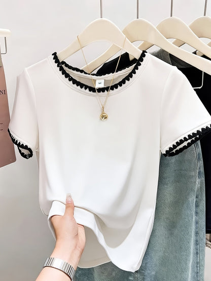Damen Bluse mit Wellenkante und Rundhalsausschnitt – Eleganter Alltagsstil