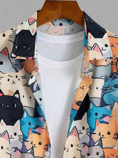Herren Kurzarmhemd mit Katzenmotiv – Verspieltes Freizeithemd im Cartoon-Stil