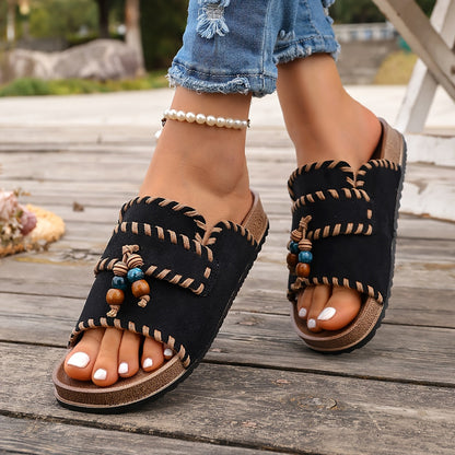 Damen Boho Slide Sandalen mit Perlendetails – Bequeme Sommerschuhe für Freizeit & Urlaub