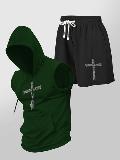 Herren Fitness Set mit Kapuzen-Ärmelloshirt und Shorts mit Kreuz-Print – Sportlicher Streetstyle Zweiteiler