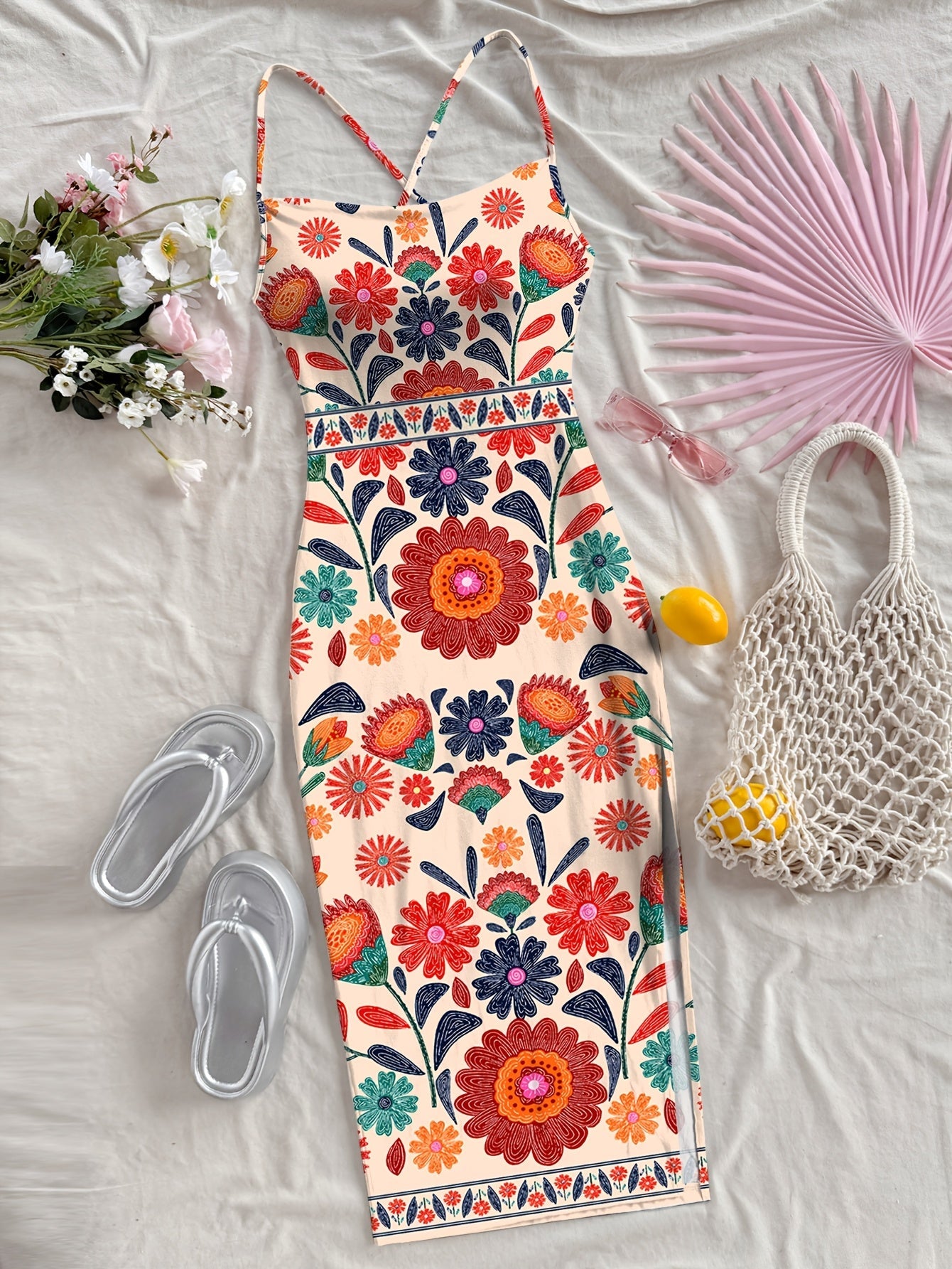 Damen Midi Kleid mit Blumenmuster und Spaghettiträgern – Boho Chic für Alltag & Urlaub