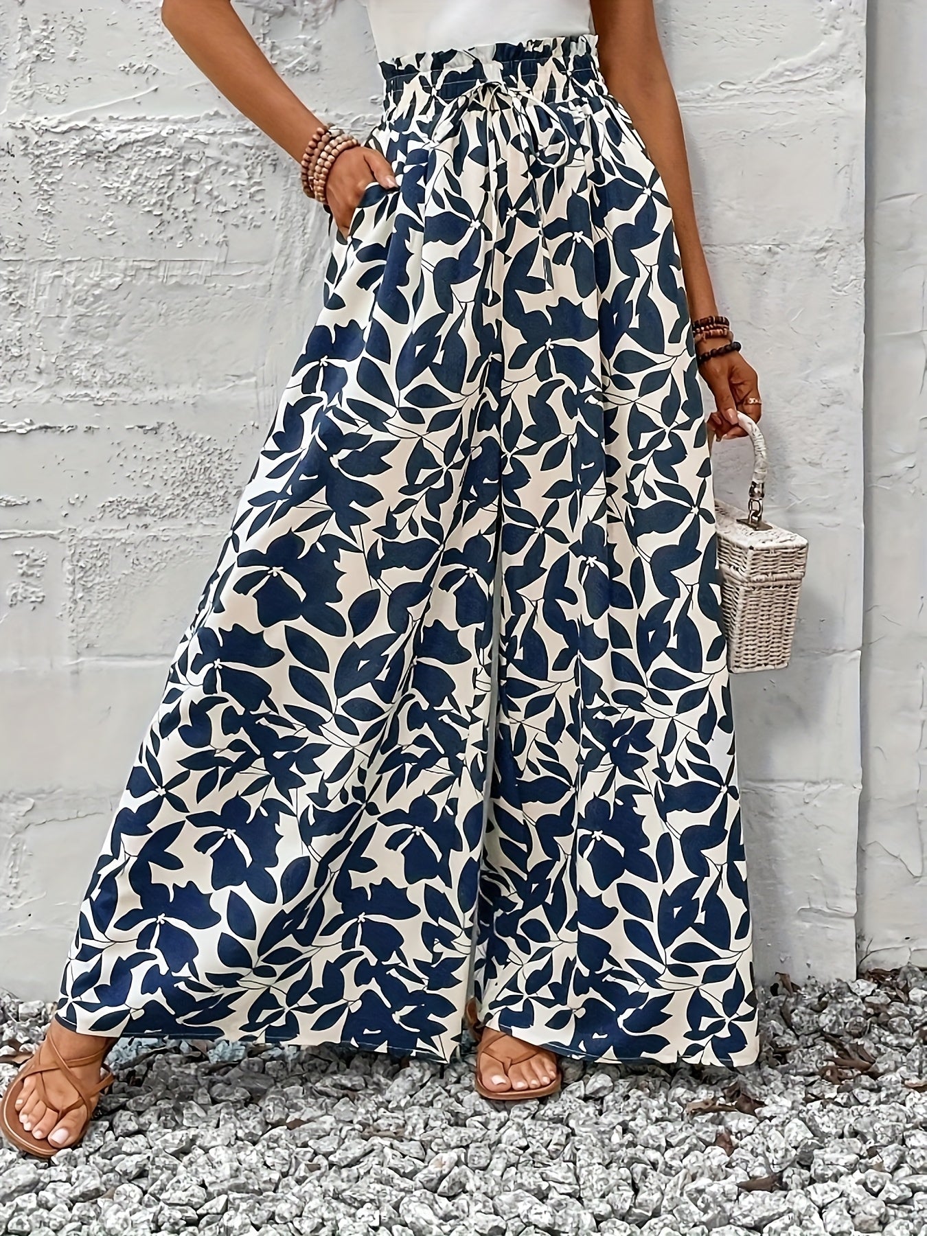 Damen Weitbeinige High-Waist Palazzo Hose mit Tropischem Blattmuster – Eleganter Boho-Stil für Alltag und Freizeit