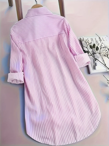Damen Longbluse mit Streifenmuster und Knopfleiste – Modisches Hemd für Business und Freizeit