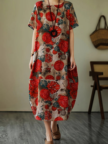 Damen Oversize-Kleid mit künstlerischem geometrisch-botanischem Muster und kurzen Ärmeln – Lässiges Freizeitkleid mit Taschen
