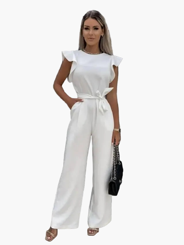 Damen Jumpsuit Elegant – Weite Passform mit Volantärmeln und Taillengürtel, ideal für Büro & Ausgehen