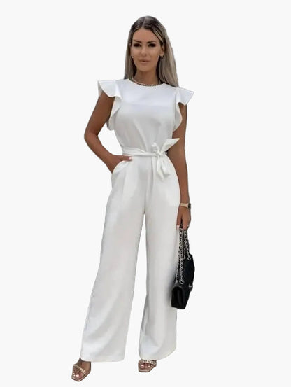 Damen Jumpsuit Elegant – Weite Passform mit Volantärmeln und Taillengürtel, ideal für Büro & Ausgehen