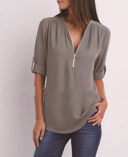 Patricia – Elegantes Damen V-Ausschnitt Shirt mit Reißverschluss