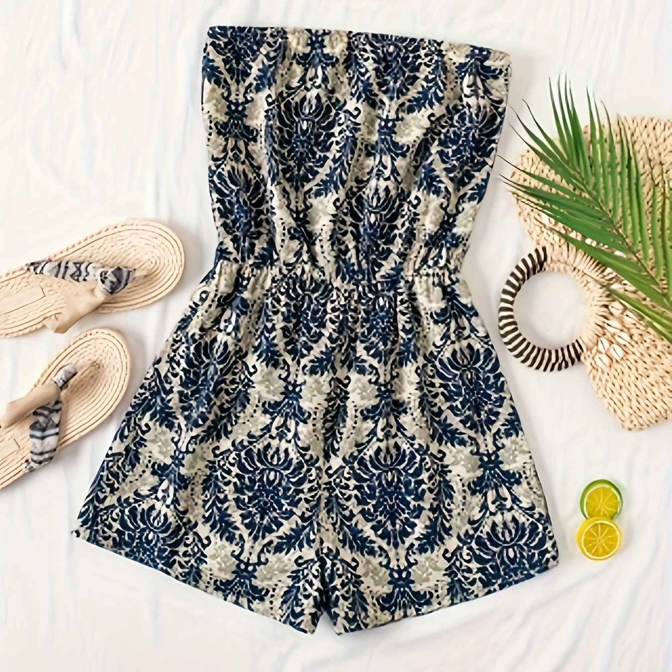 Damen Bandeau Jumpsuit mit Damastmuster – Eleganter Sommer Overall für Freizeit und Urlaub