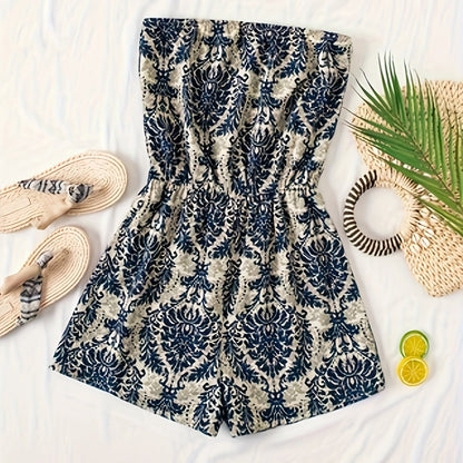 Damen Bandeau Jumpsuit mit Damastmuster – Eleganter Sommer Overall für Freizeit und Urlaub