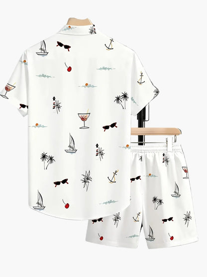 Herren Sommer Freizeit Set – Kurzarm Hemd & Shorts mit maritimen Motiven, ideal für Urlaub und Strand