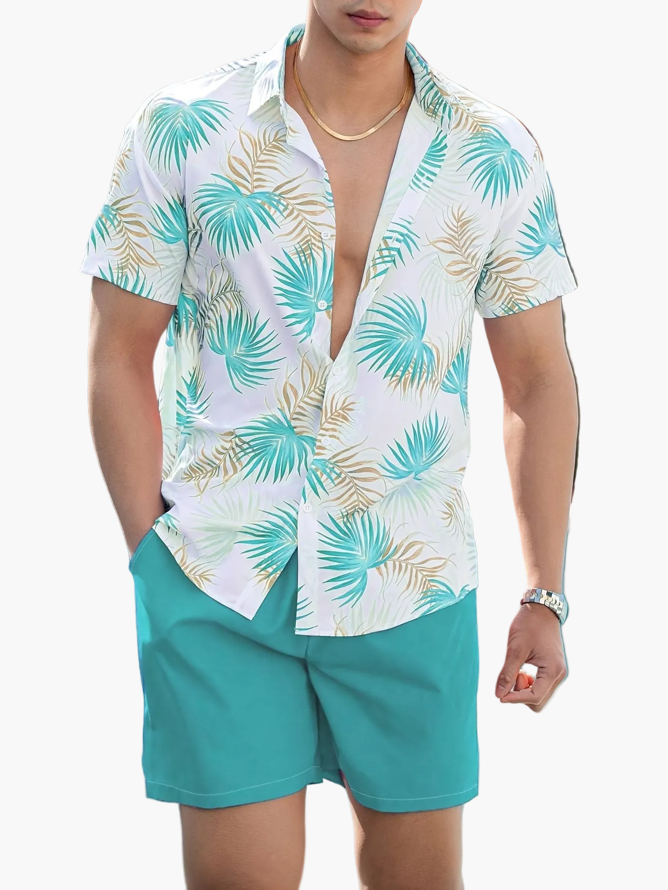 Herren Sommer Strand Set – Kurzarm Hemd & Shorts, Tropischer Print, Lässiger Look für Urlaub & Freizeit