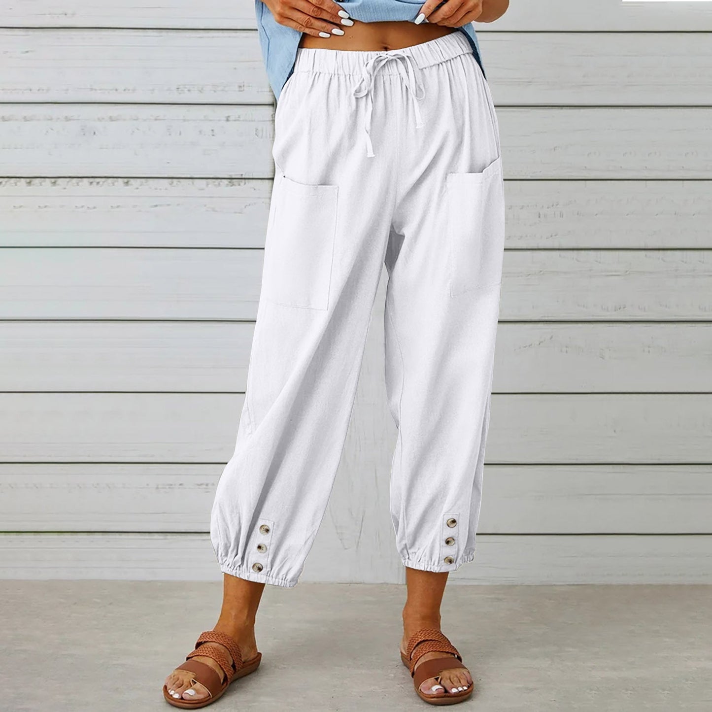 Michelle – Damen Baumwollmischung – Veganes Leinenhose mit Kordelzug und Taschen
