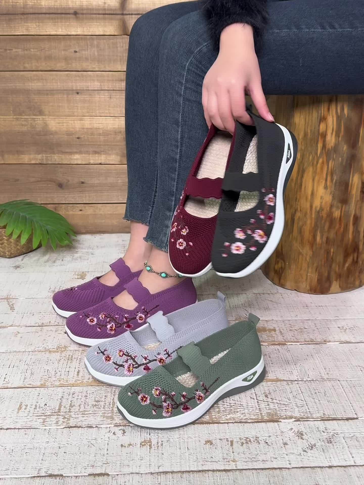 Damen Komfort-Sneaker mit Stickerei und Klettverschluss – Bequeme Freizeitschuhe für Alltag und Spaziergänge