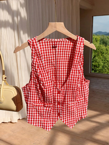 Damen Vintage Vichy-Karo Weste – Eleganter Sommer-Look für Freizeit und Alltag