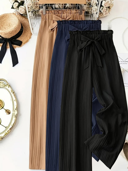 Damen Elegante Plissee-Hose mit Schleife – Weites Bein, Komfortbund, Lässig & Schick für Alltag und Büro