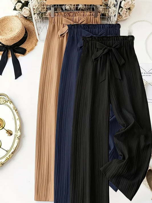 Damen Elegante Plissee-Hose mit Schleife – Weites Bein, Komfortbund, Lässig & Schick für Alltag und Büro