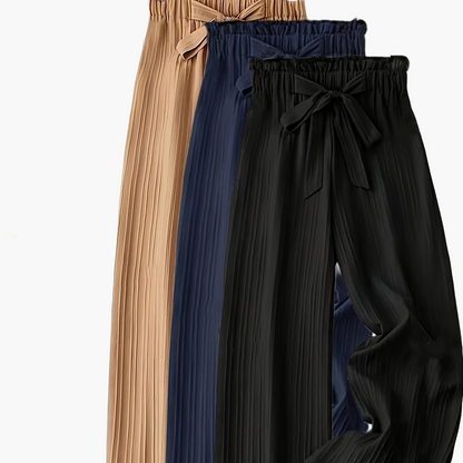 Damen Elegante Plissee-Hose mit Schleife – Weites Bein, Komfortbund, Lässig & Schick für Alltag und Büro