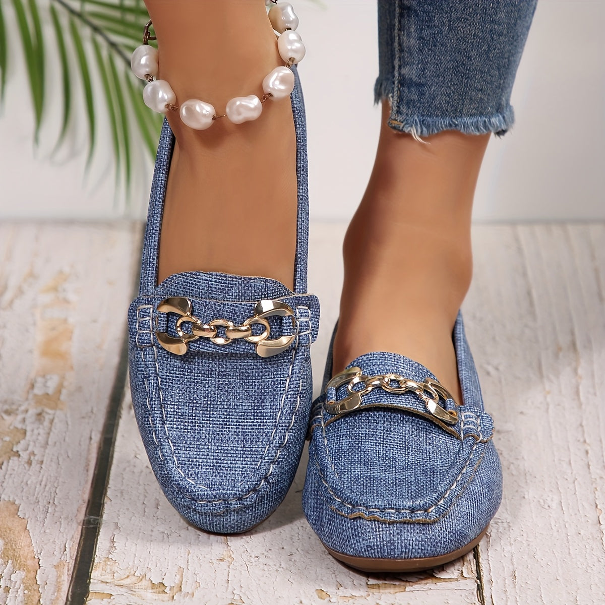 Damen Mokassins Klassisch Bequem mit Ketten-Detail – Elegante Slip-On Schuhe für Alltag und Freizeit
