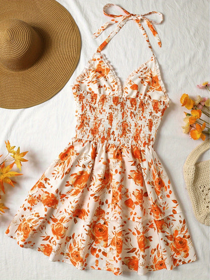 Damen Mini Kleid mit Rosenmuster und Volants – Elegantes Halterneck Sommerkleid für romantische Anlässe