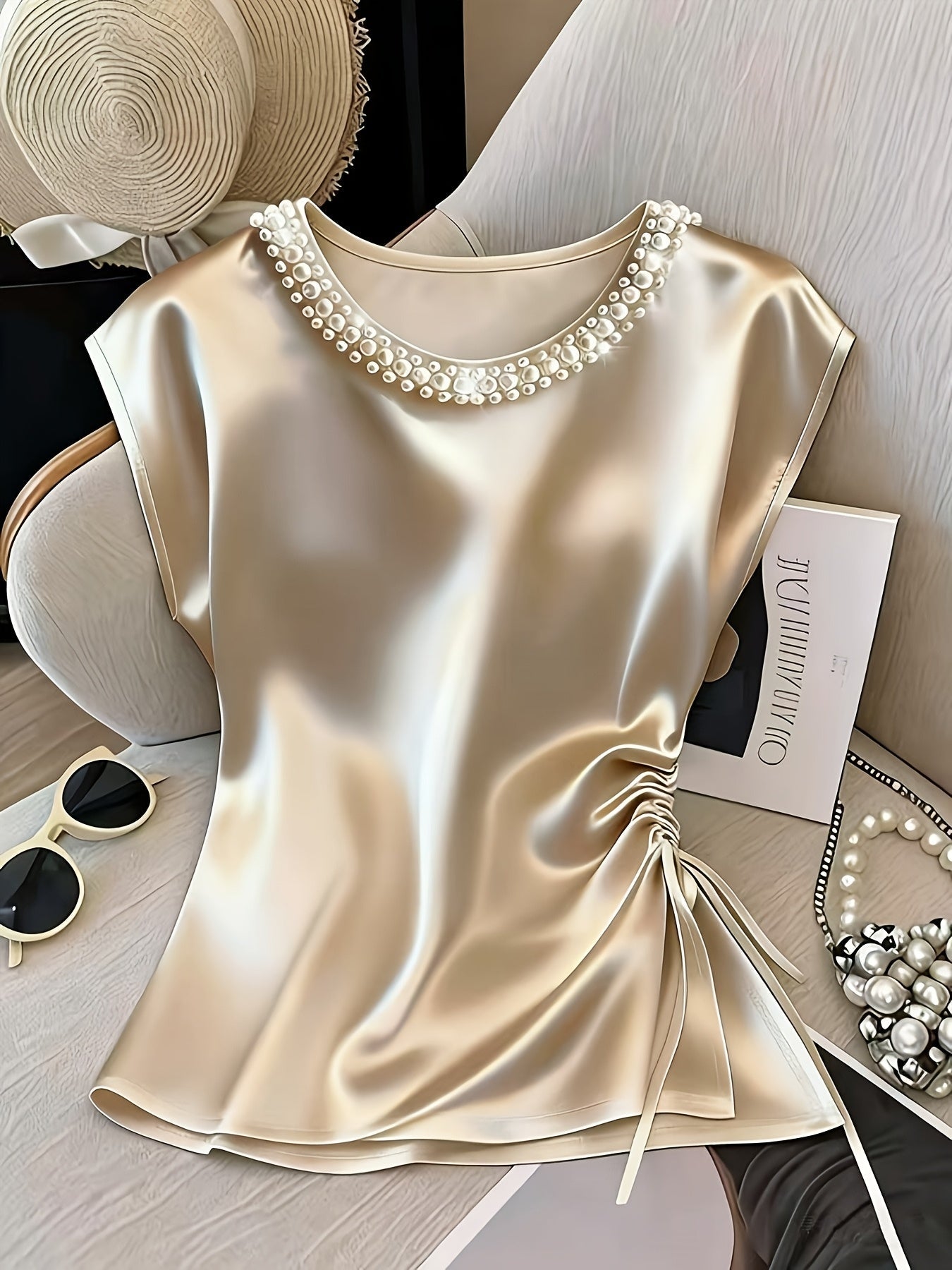 Damen Elegante Satinbluse mit Perlenkragen und Raffdetails – Stilvolle Kurzarm-Bluse für festliche Anlässe