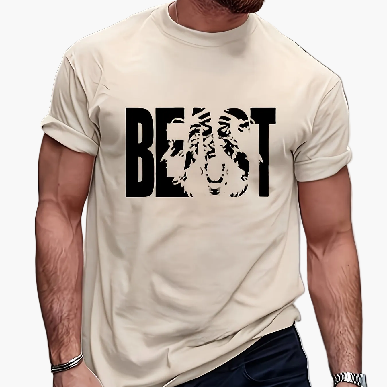 Herren T-Shirt im Oversize-Stil mit „BEAST“-Print und Löwenmotiv – Urban Streetwear für Selbstbewusste
