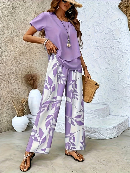 Damen Sommer Set Elegant Zweiteiler mit Weit Bein Hose und Kurzarm Shirt – Perfekt für Freizeit und Urlaub
