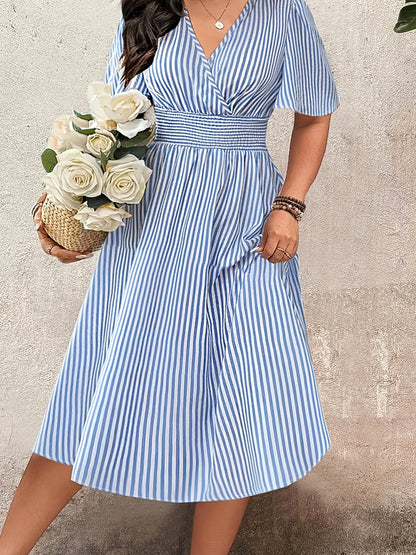 Damen Elegantes Streifen Midikleid mit Smokbund und V-Ausschnitt – Perfekt für besondere Anlässe