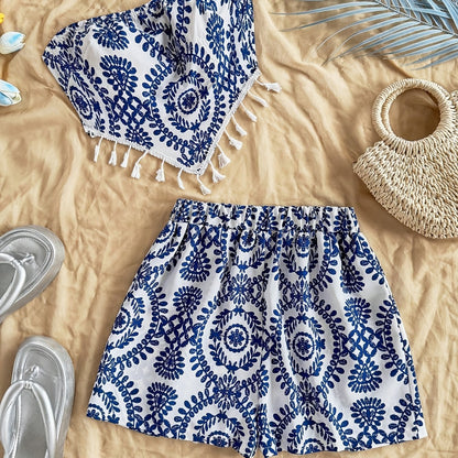 Damen Bandeau-Shorts Set mit Boho-Muster – Zweiteiliges Outfit für Urlaub und Freizeit